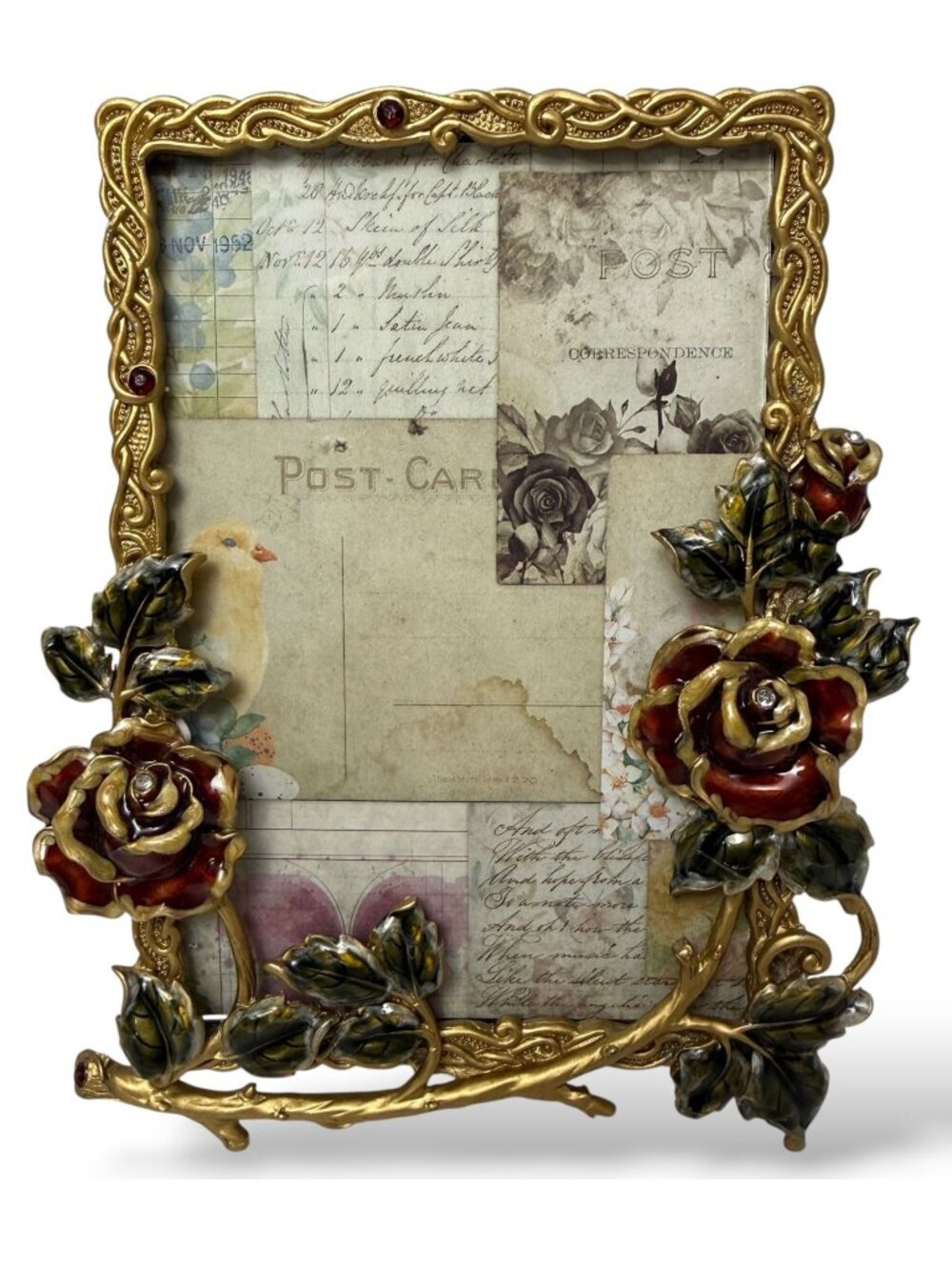 Enamel Roses Picture Frame Gold Tone Red Floral with Crystal Accents 4x6